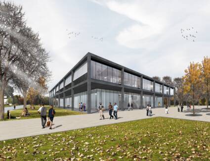 Am Campus in Friedrichshafen-Fallenbrunnen errichtet i+R das Regionale Innovations- und Technologietransferzentrum nach Plänen des Vorarlberger Architekturbüros Baumschlager Hutter Partners. © ©Baumschlager Hutter Partners