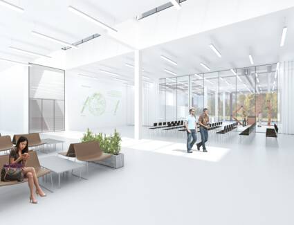 Großzügige und helle Räume sollen im Regionalen Innovations- und Technologietransferzentrum die Entwicklung von High-Tech-Ideen begünstigen. © ©Baumschlager Hutter Partners